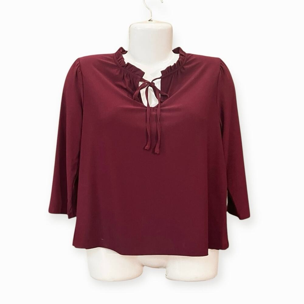 CeCe Women's Maroon Ruffled Neck W/ Tie 3/4 Sleeve Career Casual Blouse SZ XS